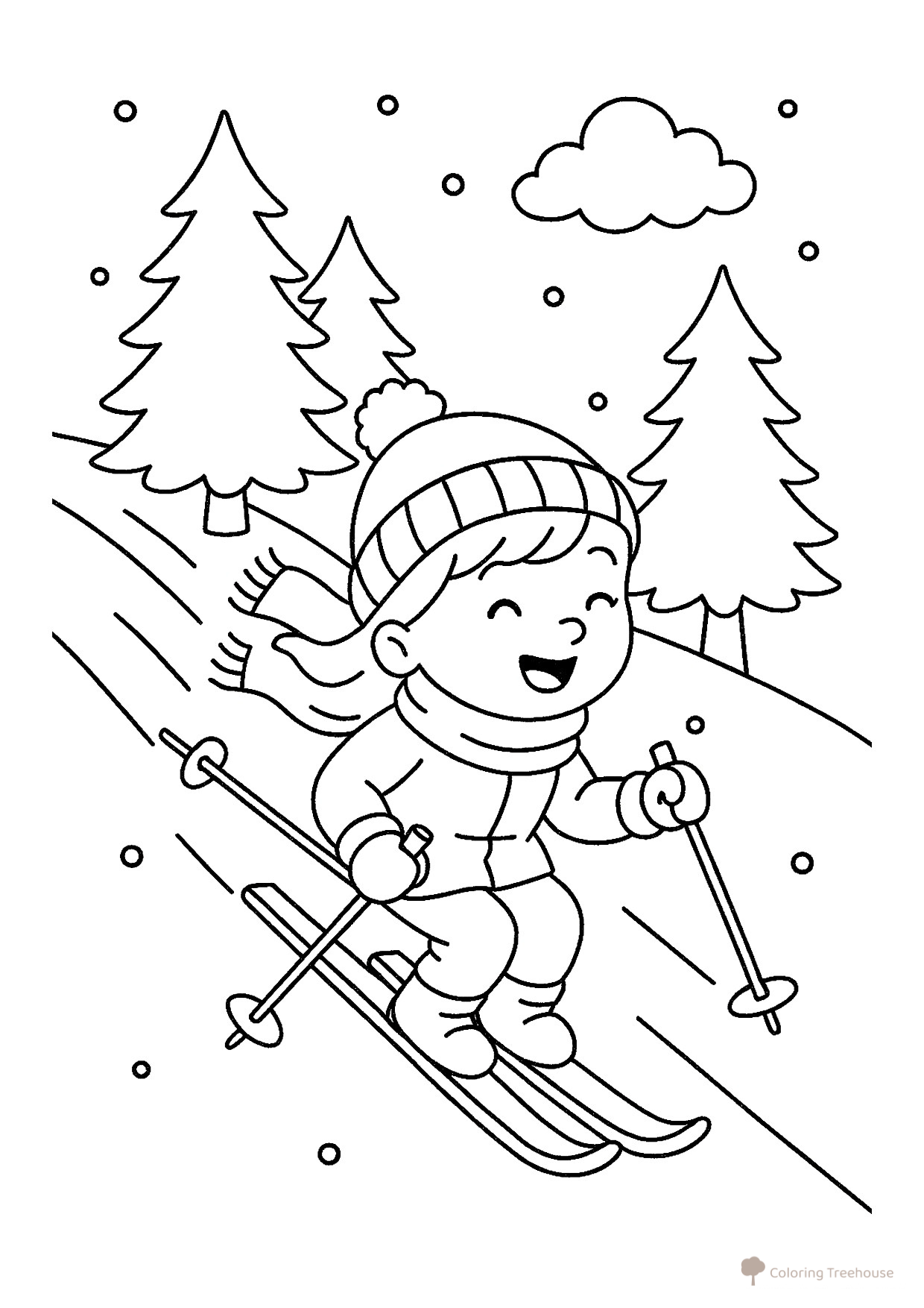 Girl on Skis in the Forest Coloring Page free printable New Year Coloring Pages for Kids coloring page