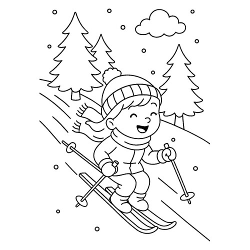 Girl on Skis in the Forest Coloring Page free printable New Year Coloring Pages for Kids coloring page
