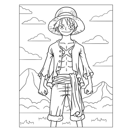 填色页:“绰号‘草帽’的蒙奇·D·路飞” 免费可打印动漫涂色画涂色页