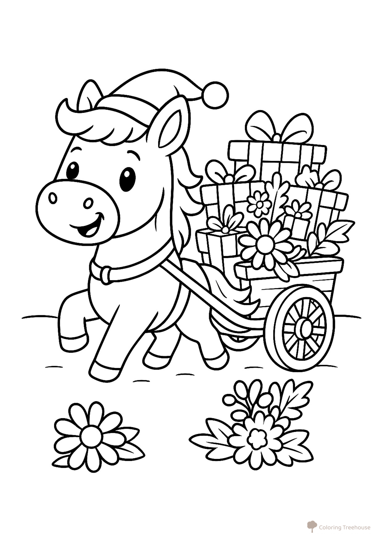 Página para colorear «Caballito lleva regalos» dibujo para colorear gratis de Páginas para colorear de Año Nuevo para niños