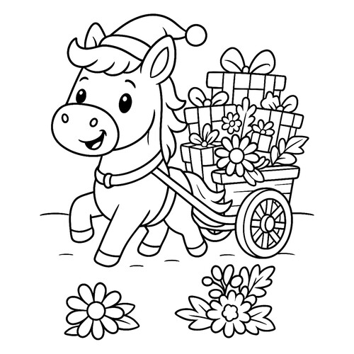 Página para colorear «Caballito lleva regalos» dibujo para colorear gratis de Páginas para colorear de Año Nuevo para niños