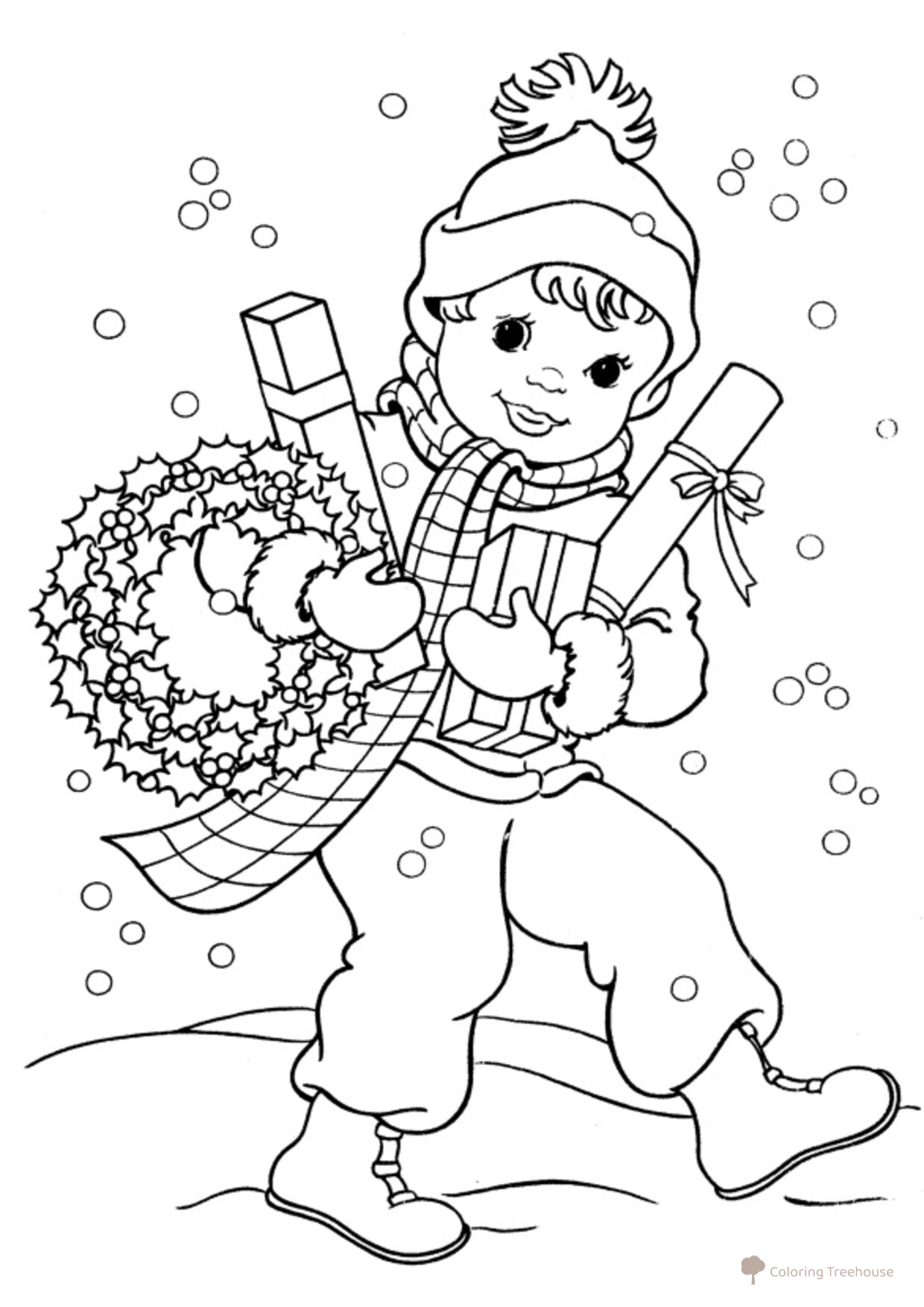 Página para colorear: Niño con adornos navideños dibujo para colorear gratis de Páginas para colorear de Año Nuevo para niños