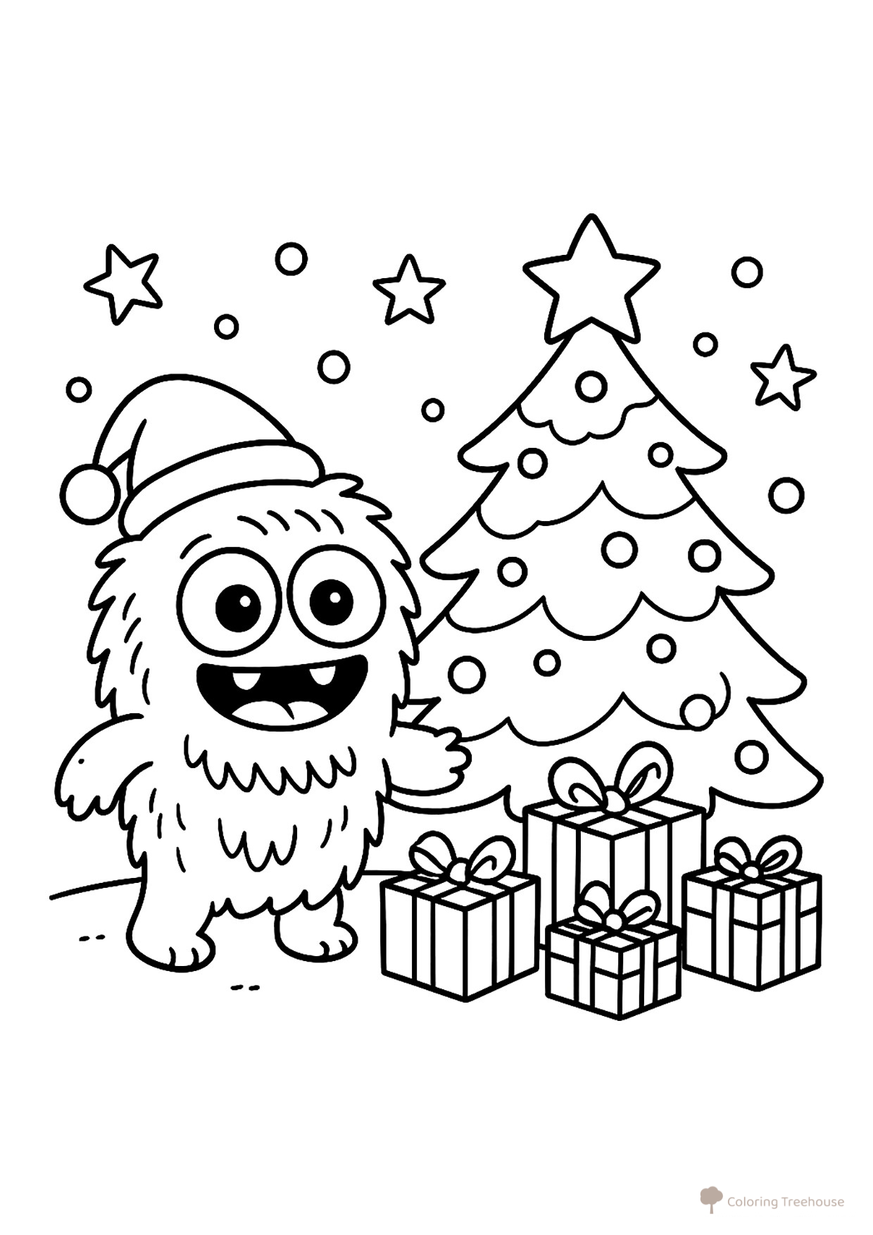 Página para colorear «Monstruito junto al árbol de Navidad con regalos» dibujo para colorear gratis de Páginas para colorear de Año Nuevo para niños