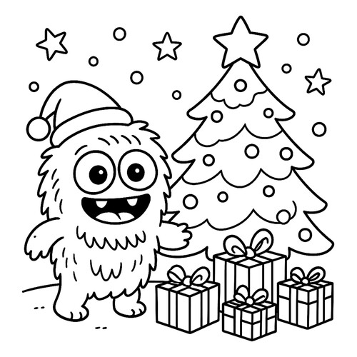 Página para colorear «Monstruito junto al árbol de Navidad con regalos» dibujo para colorear gratis de Páginas para colorear de Año Nuevo para niños