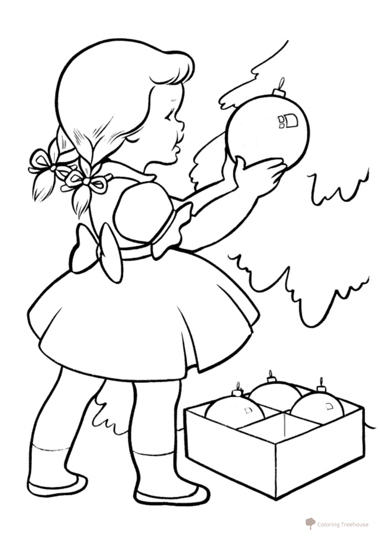 New Year Coloring Page: Girl Decorating the Tree free printable New Year Coloring Pages for Kids coloring page