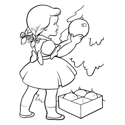 New Year Coloring Page: Girl Decorating the Tree free printable New Year Coloring Pages for Kids coloring page