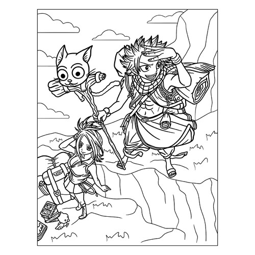 Página para colorear: Natsu, Lucy y Happy del anime Fairy Tail dibujo para colorear gratis de Páginas para colorear de anime