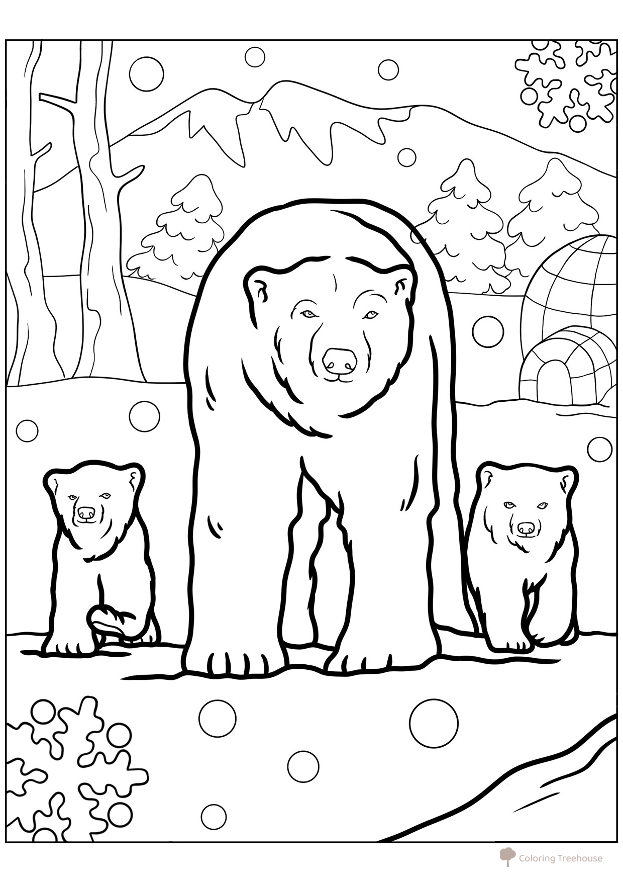 Página para colorear: Oso polar con sus crías dibujo para colorear gratis de Páginas para colorear de Año Nuevo para niños