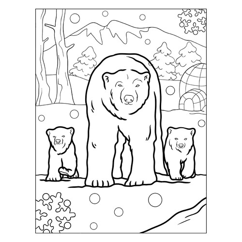 Página para colorear: Oso polar con sus crías dibujo para colorear gratis de Páginas para colorear de Año Nuevo para niños