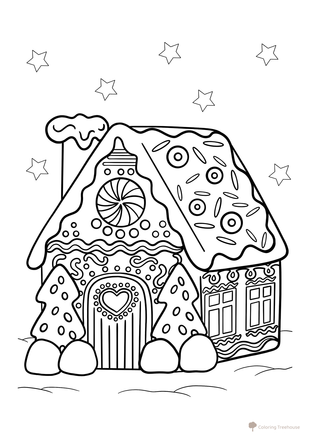 Pintar: Casita de jengibre con caramelos dibujo para colorear gratis de Páginas para colorear de Año Nuevo para niños