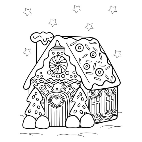 Pintar: Casita de jengibre con caramelos dibujo para colorear gratis de Páginas para colorear de Año Nuevo para niños