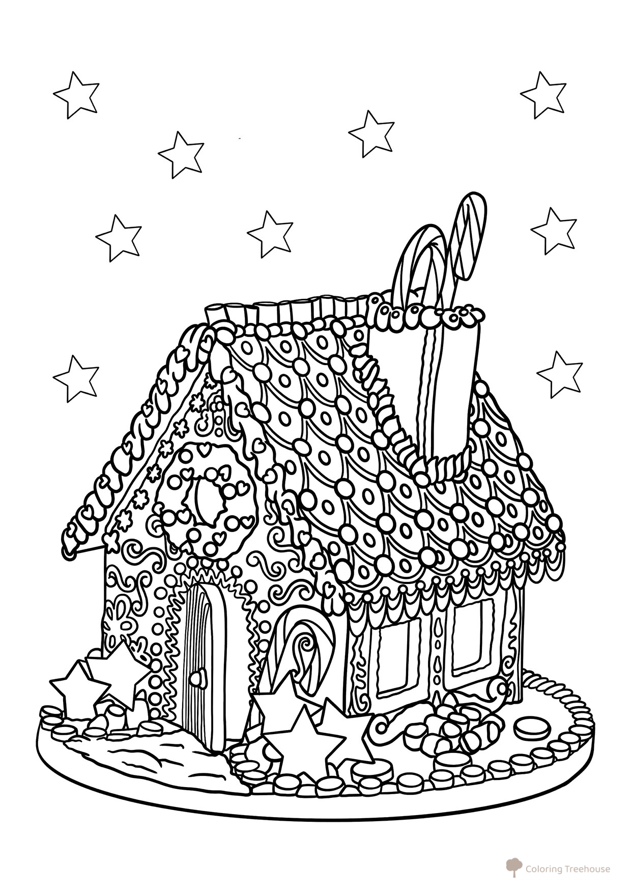 Gingerbread House with Patterns Coloring Page free printable New Year Coloring Pages for Kids coloring page