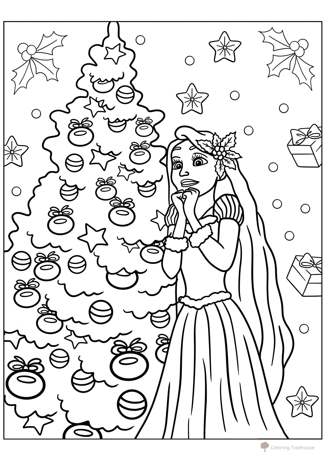 Rapunzel Coloring Page by the Fir Tree free printable New Year Coloring Pages for Kids coloring page