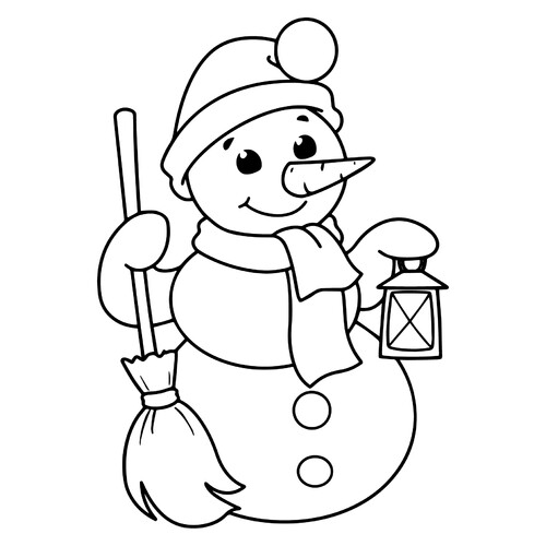 Página para colorear: Muñeco de nieve con escoba y linterna dibujo para colorear gratis de Páginas para colorear de Año Nuevo para niños