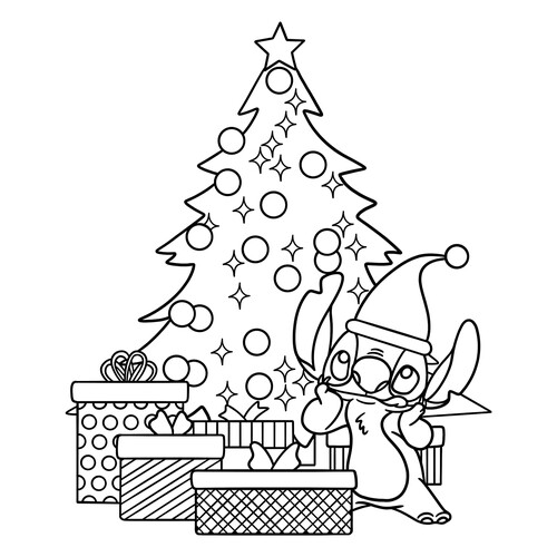 Dibujos para colorear: Stitch junto al árbol de Navidad con regalos dibujo para colorear gratis de Páginas para colorear de Año Nuevo para niños