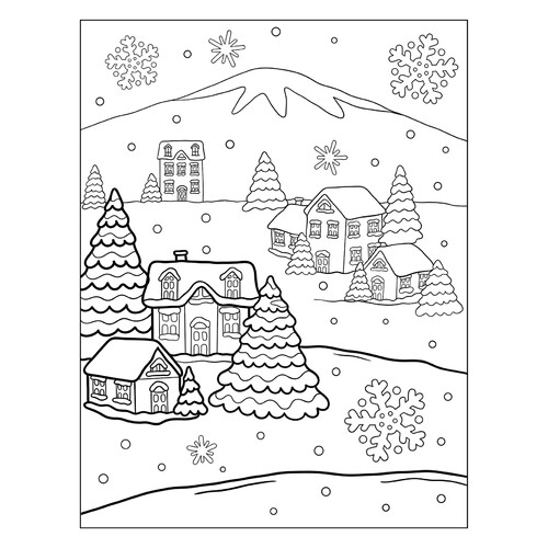 Libro para colorear: Paisaje nevado dibujo para colorear gratis de Páginas para colorear de Año Nuevo para niños
