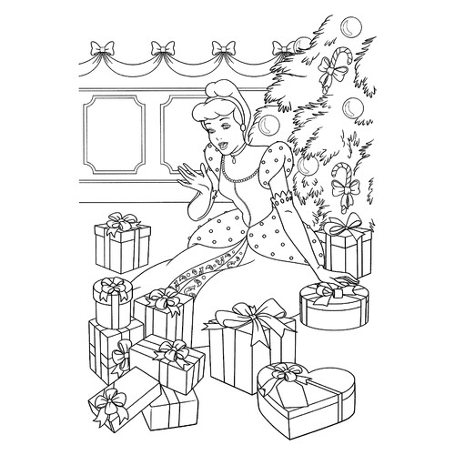 Página para colorear: Cenicienta con regalos de Año Nuevo dibujo para colorear gratis de Páginas para colorear de Año Nuevo para niños