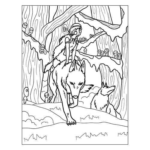 Página para colorear «La Princesa Mononoke a caballo sobre un lobo en el Bosque de Cedros» dibujo para colorear gratis de Páginas para colorear de anime