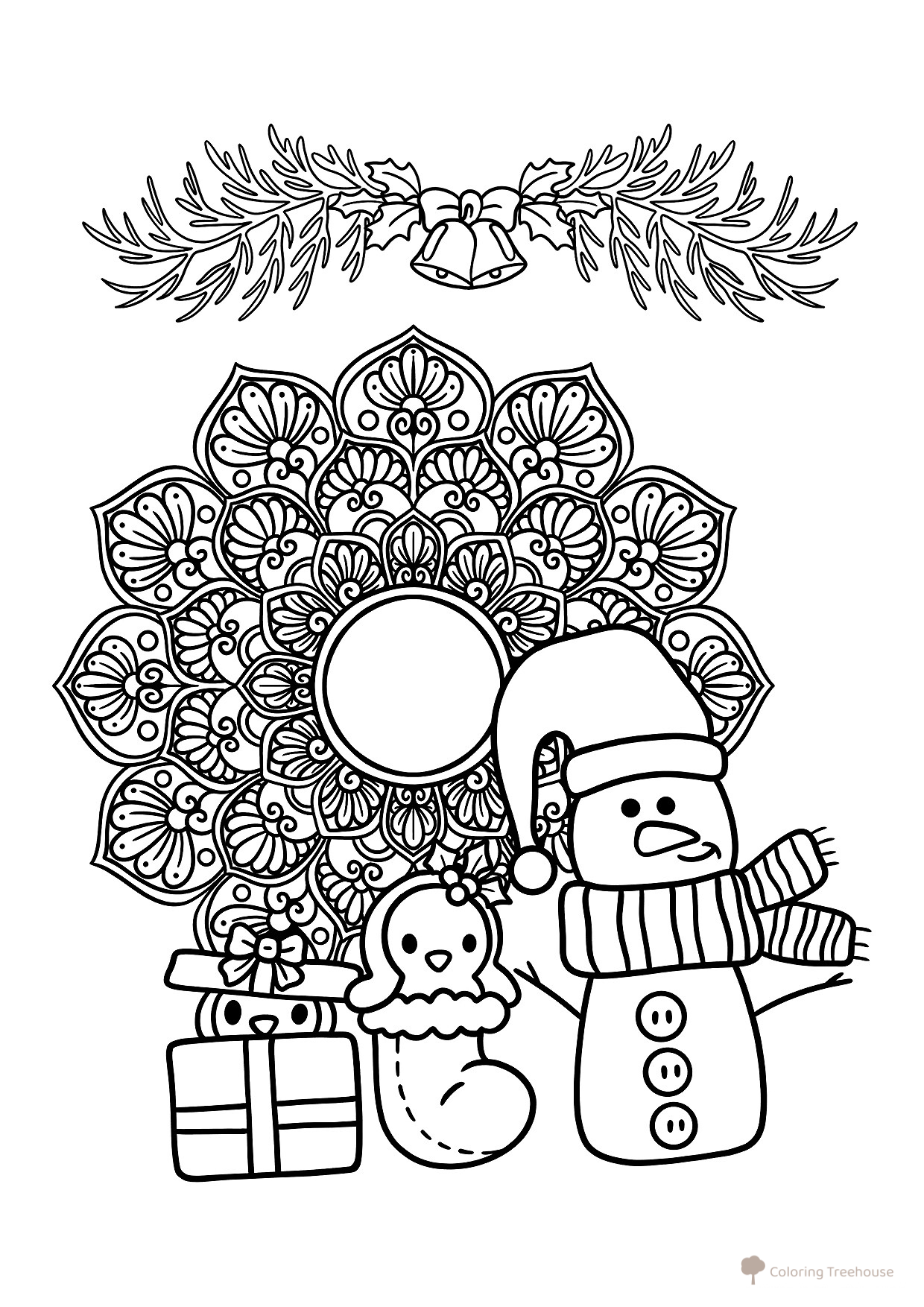 Página para colorear antiestrés: Muñeco de nieve y galletas dibujo para colorear gratis de Páginas para colorear antiestrés de Año Nuevo