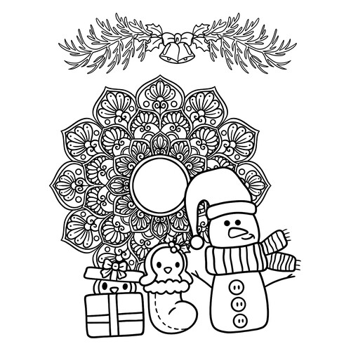 Página para colorear antiestrés: Muñeco de nieve y galletas dibujo para colorear gratis de Páginas para colorear antiestrés de Año Nuevo