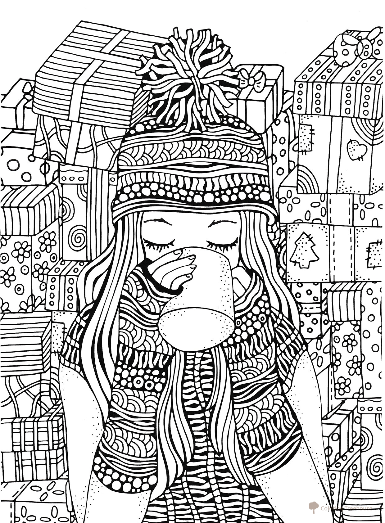 Página para colorear: Taza de café en Año Nuevo dibujo para colorear gratis de Páginas para colorear antiestrés de Año Nuevo