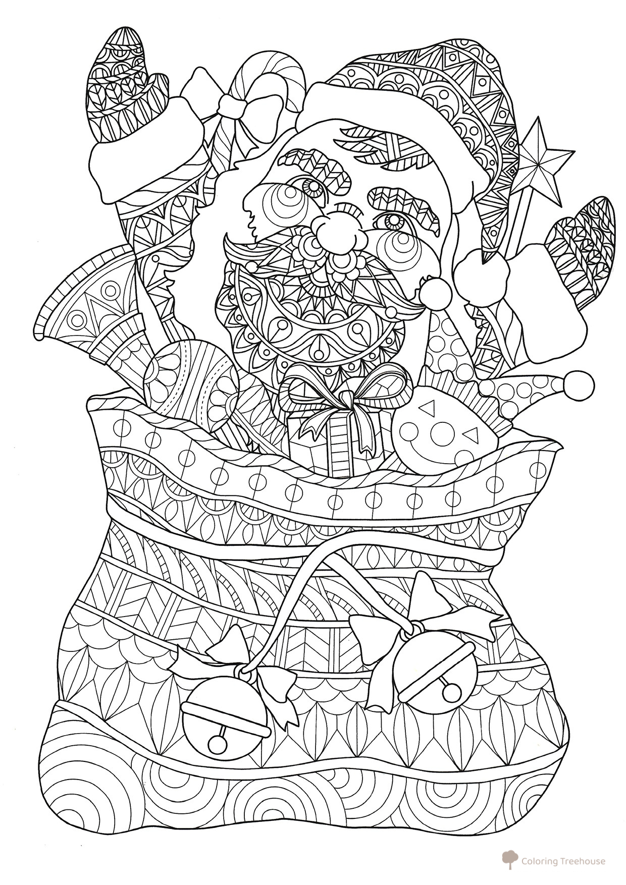 Dibujo para colorear: Ded Moroz con juguetes en el saco dibujo para colorear gratis de Páginas para colorear antiestrés de Año Nuevo