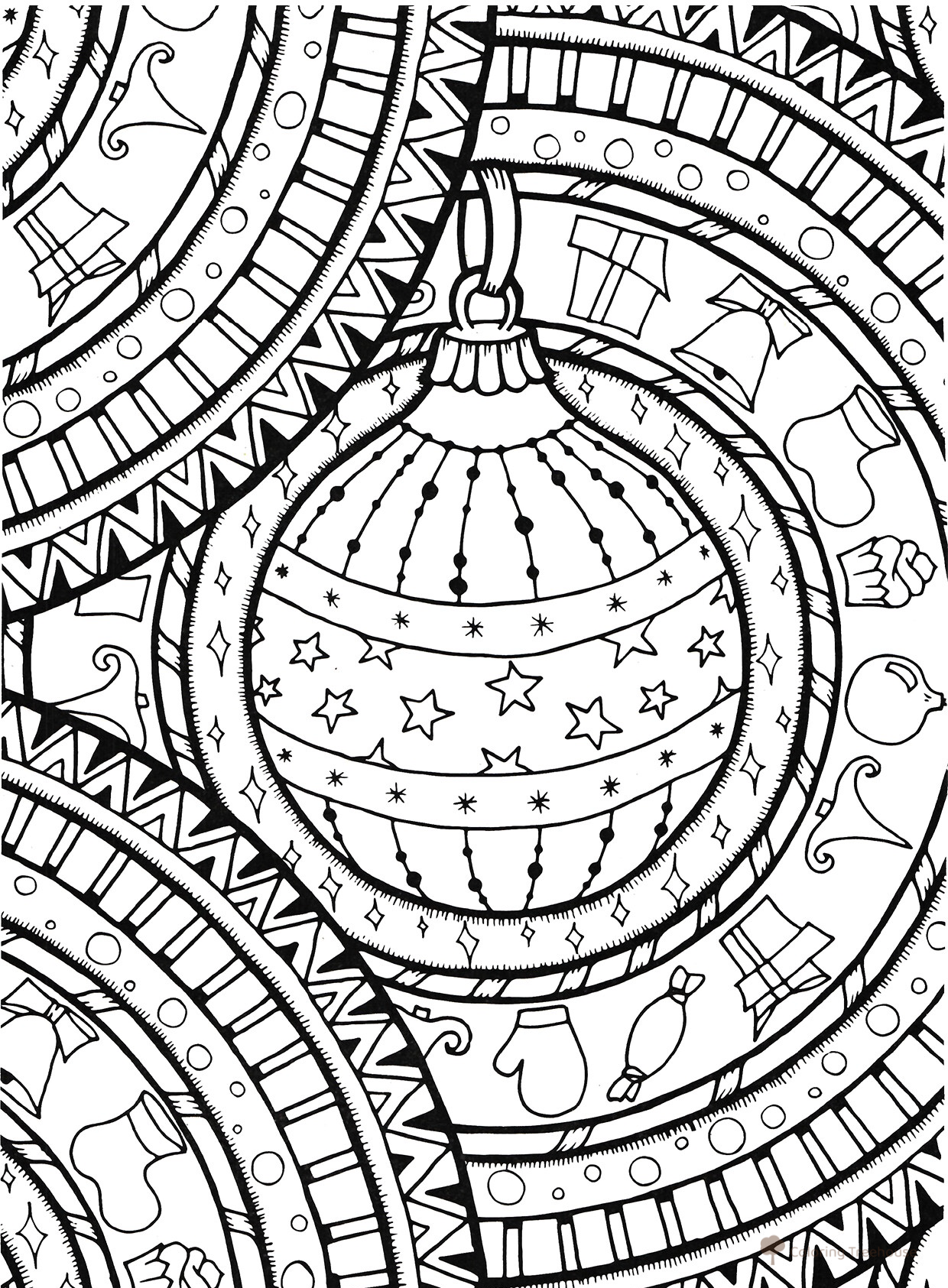 Christmas Ornament in Abstract Circles Coloring Page free printable New Year Anti-Stress Coloring Pages coloring page