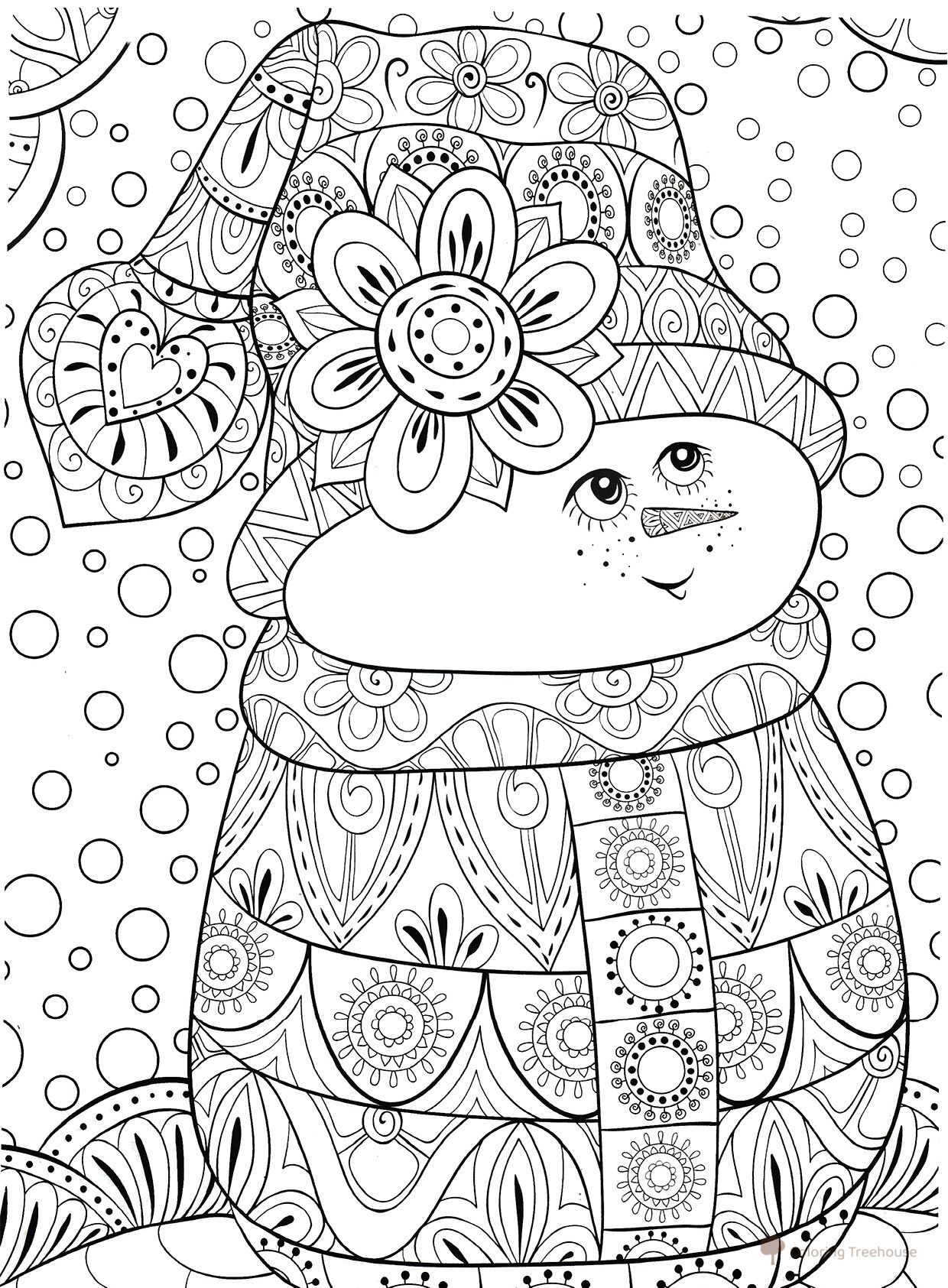 Página para colorear «Adorable muñeco de nieve» — anti estrés dibujo para colorear gratis de Páginas para colorear antiestrés de Año Nuevo