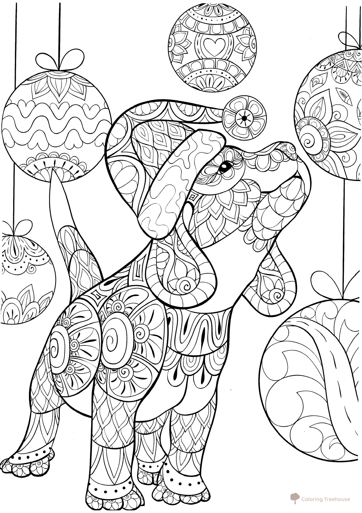 Puppy in a New Year Hat Coloring Page with Ornaments free printable New Year Anti-Stress Coloring Pages coloring page