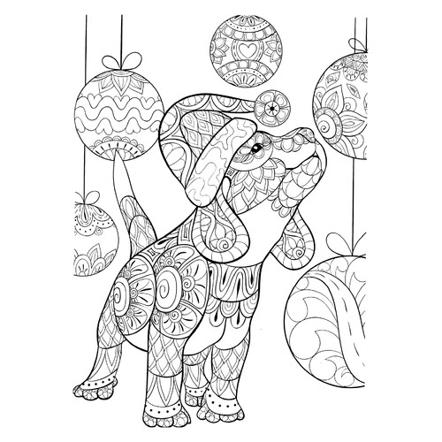 Puppy in a New Year Hat Coloring Page with Ornaments free printable New Year Anti-Stress Coloring Pages coloring page