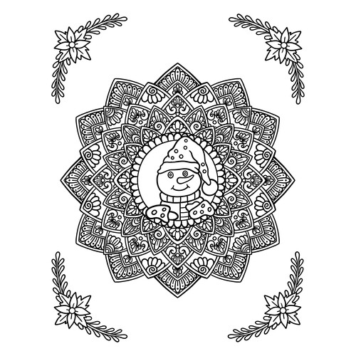 Snowman Mandala Coloring Page free printable New Year Anti-Stress Coloring Pages coloring page