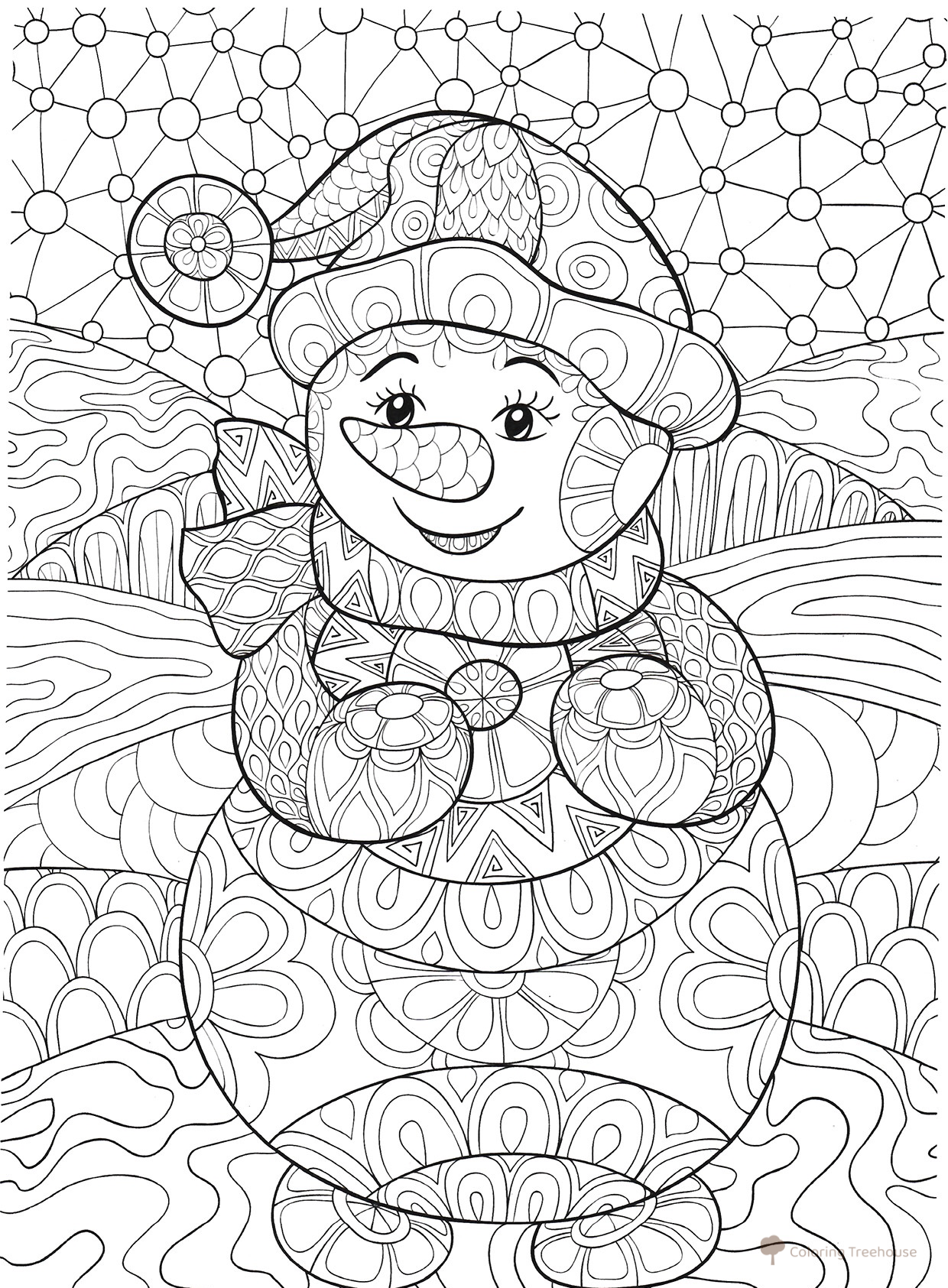 Página para colorear: Muñeco de nieve con patrones complejos dibujo para colorear gratis de Páginas para colorear antiestrés de Año Nuevo