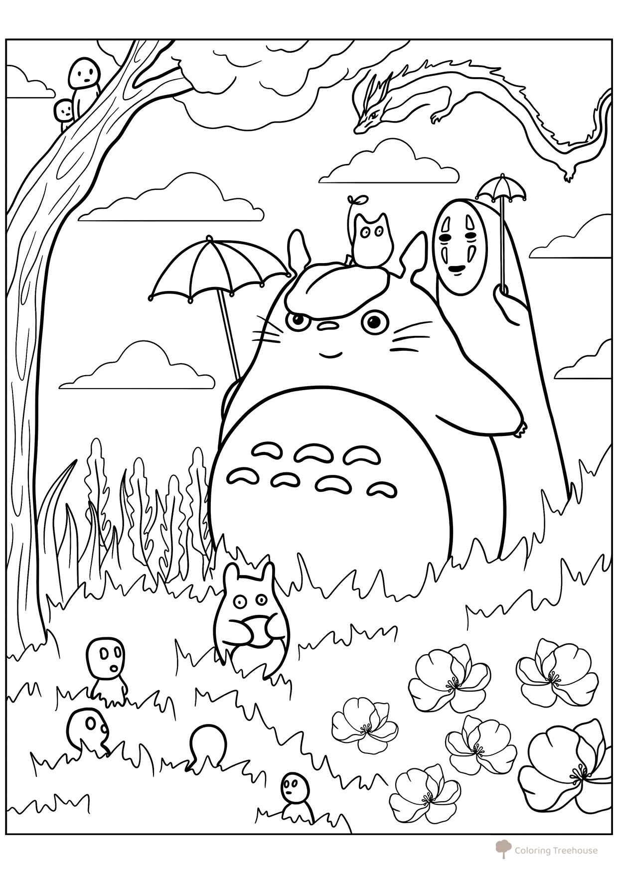 Página para colorear: Totoro, Sin Cara y Haku dibujo para colorear gratis de Páginas para colorear de anime