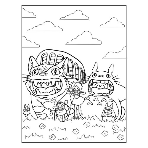 Página para colorear: Totoro, Catbus, Mei y Satsuki dibujo para colorear gratis de Páginas para colorear de anime