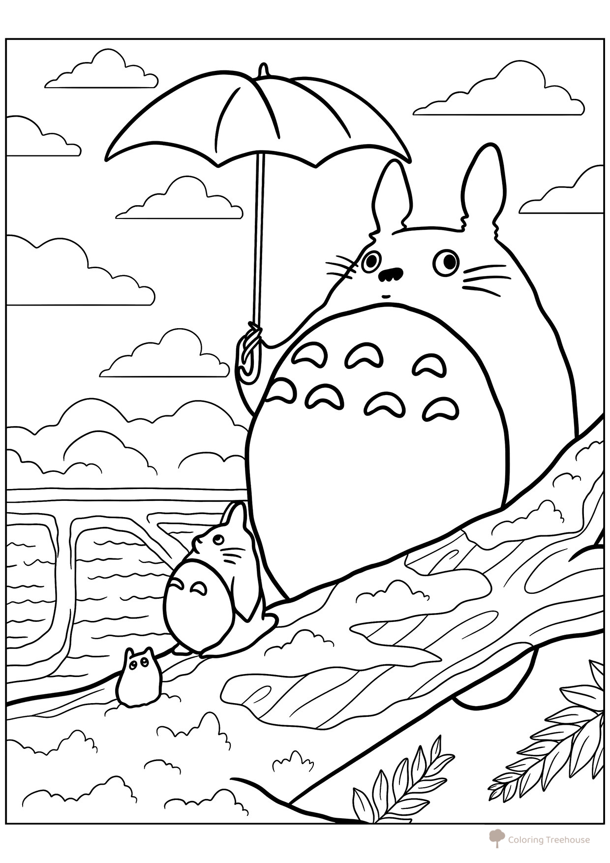 Totoro with Umbrella Coloring Page free printable Anime Coloring Pages coloring page