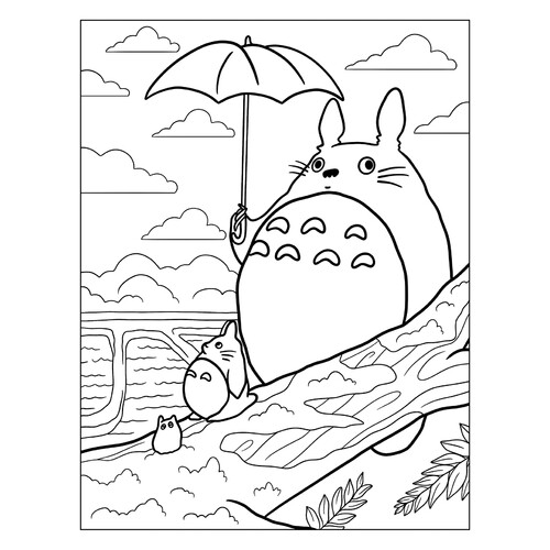 Página para colorear «Totoro con paraguas» dibujo para colorear gratis de Páginas para colorear de anime