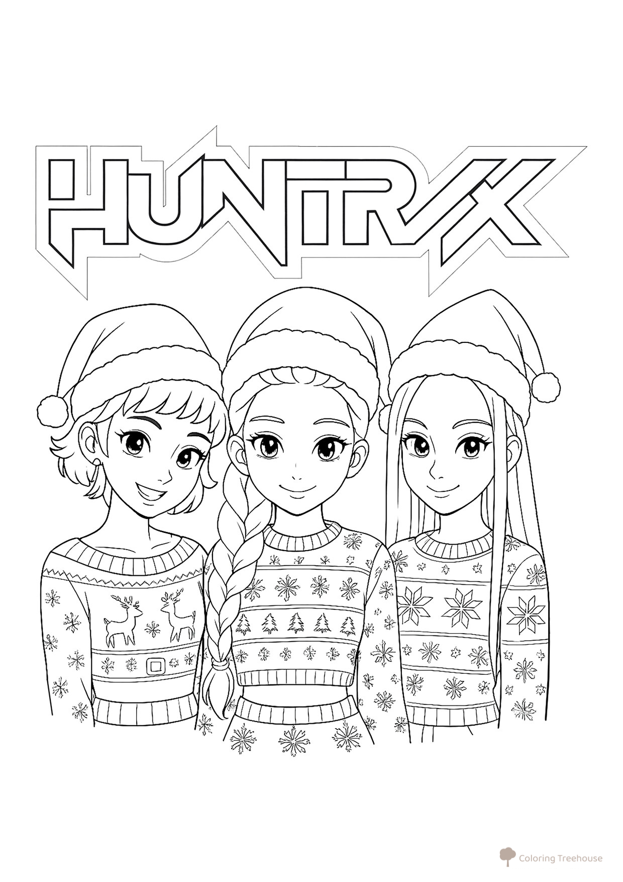 Página para colorear «Hantriks en suéteres navideños» dibujo para colorear gratis de Páginas para colorear de Hantrix — Cazadoras de demonios K-pop