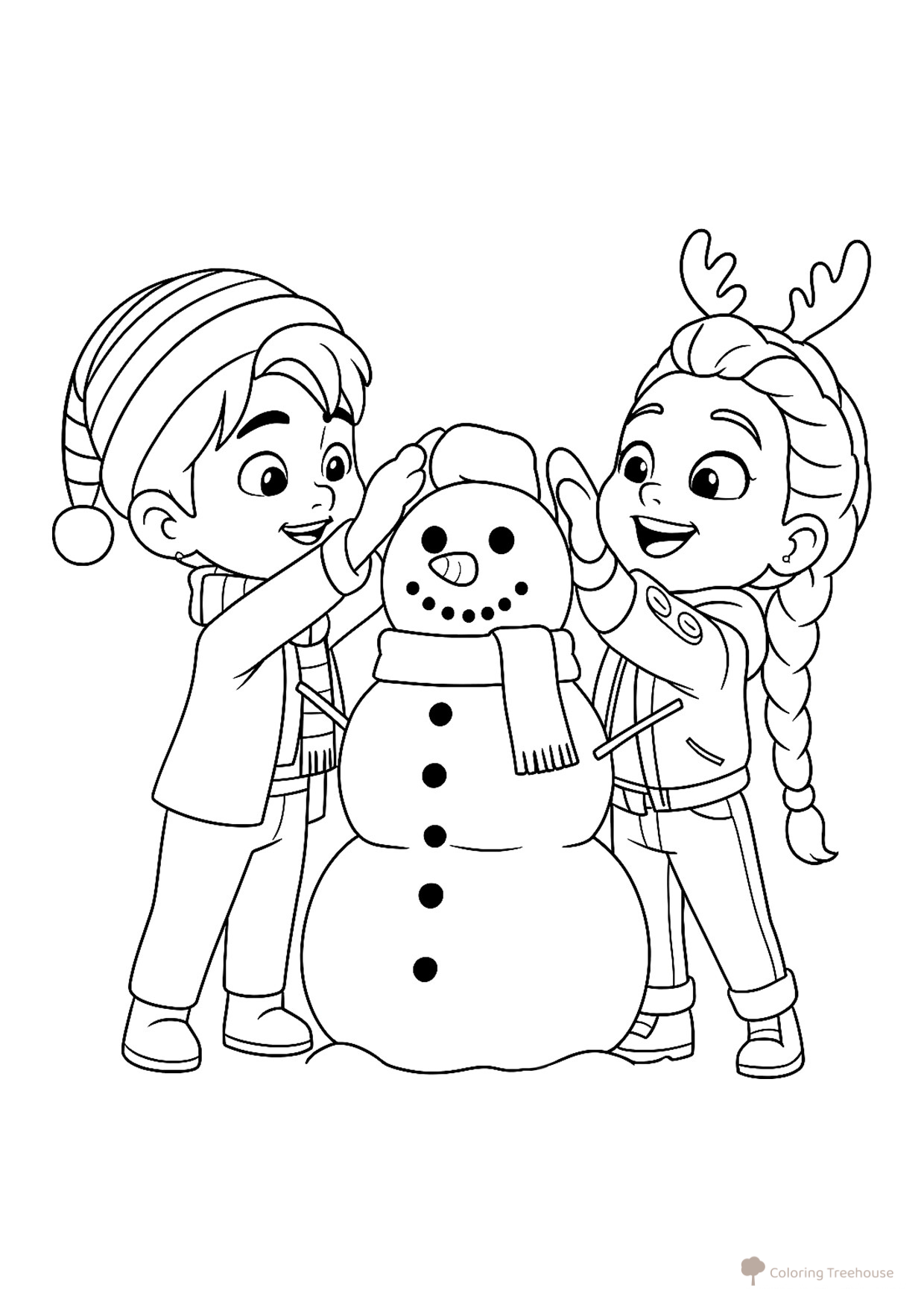 Coloring Page: Little Jinu and Rumi Make a Snowman free printable Huntrix Coloring Pages from K-Pop Demon Hunters coloring page