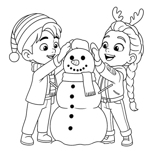 Coloring Page: Little Jinu and Rumi Make a Snowman free printable Huntrix Coloring Pages from K-Pop Demon Hunters coloring page