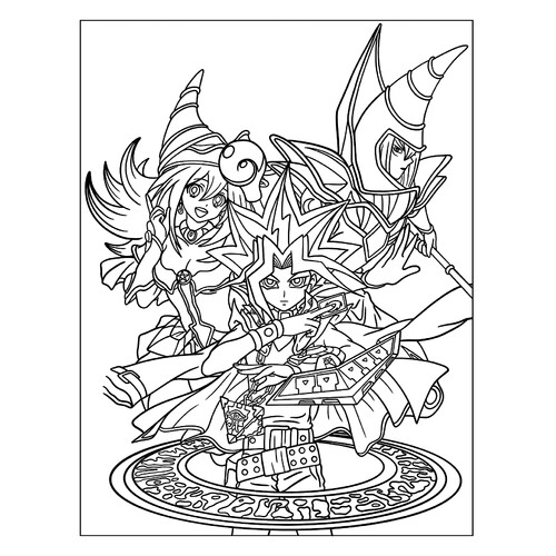 Página para colorear «Yugi Muto con el Mago Oscuro y la Maga Oscura» dibujo para colorear gratis de Páginas para colorear de anime