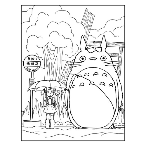 Página para colorear: escena de la parada de autobús del anime Mi vecino Totoro dibujo para colorear gratis de Páginas para colorear de anime