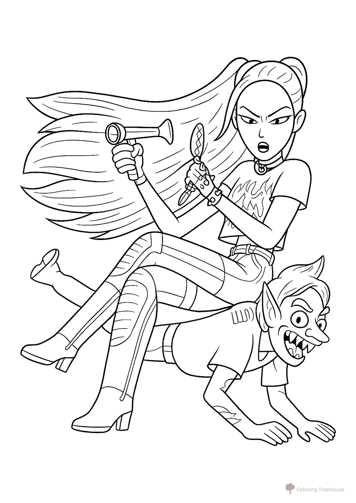 Mira with Demon Coloring Page free printable Huntrix Coloring Pages from K-Pop Demon Hunters coloring page
