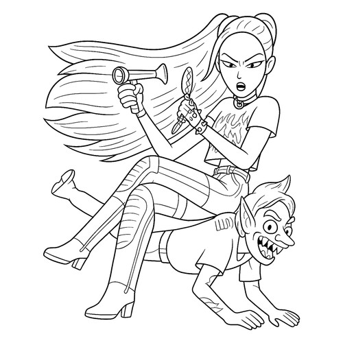 Mira with Demon Coloring Page free printable Huntrix Coloring Pages from K-Pop Demon Hunters coloring page