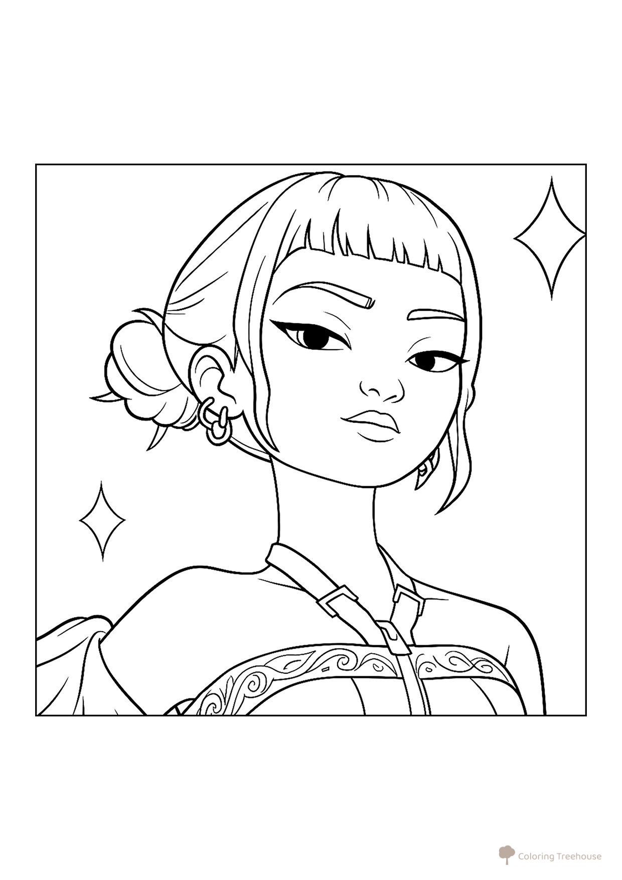 Página para colorear «Retrato de Zoe de Cazadoras de Demonios» dibujo para colorear gratis de Páginas para colorear de Hantrix — Cazadoras de demonios K-pop
