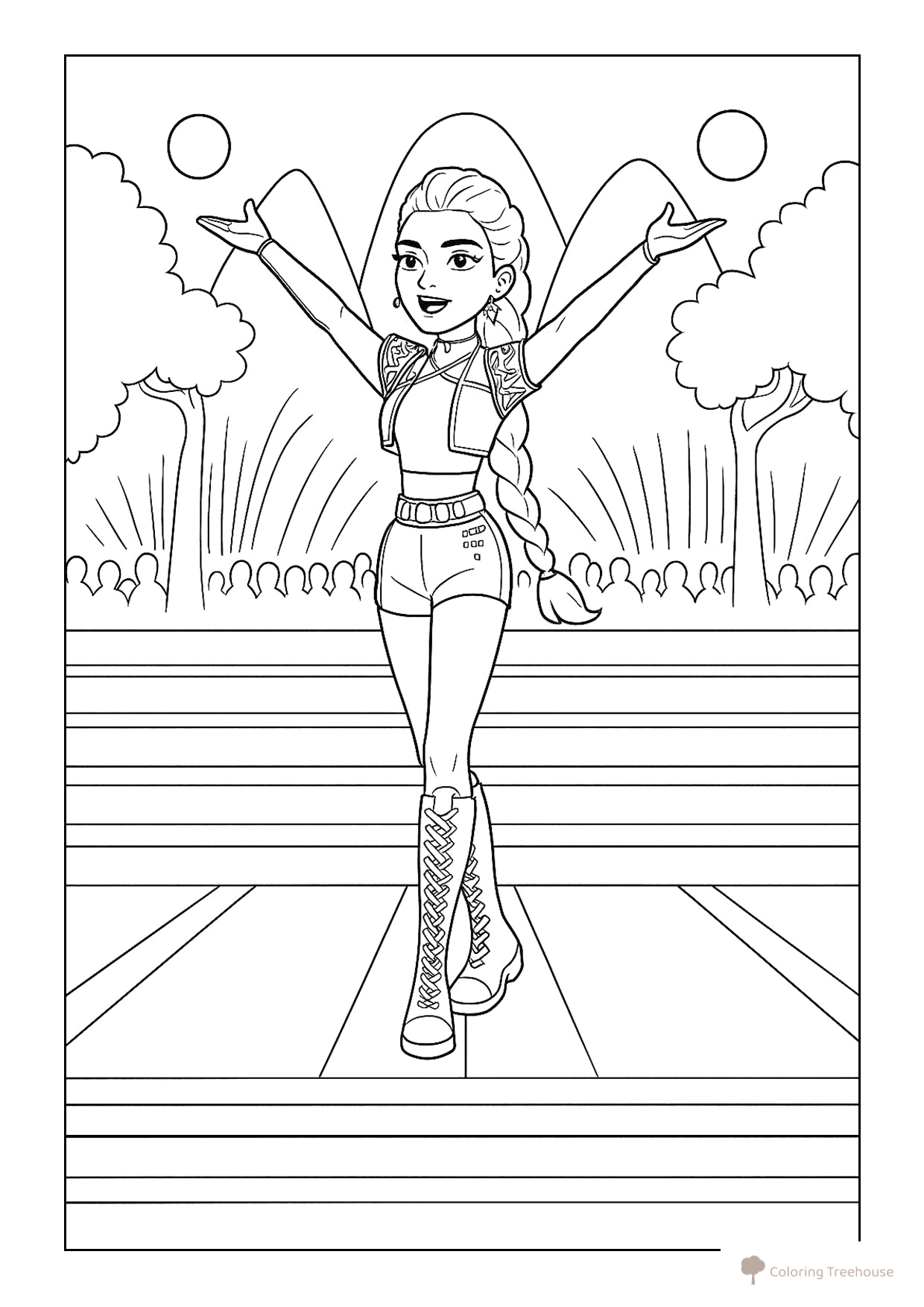 Página para colorear «Rumi en el escenario» dibujo para colorear gratis de Páginas para colorear de Hantrix — Cazadoras de demonios K-pop