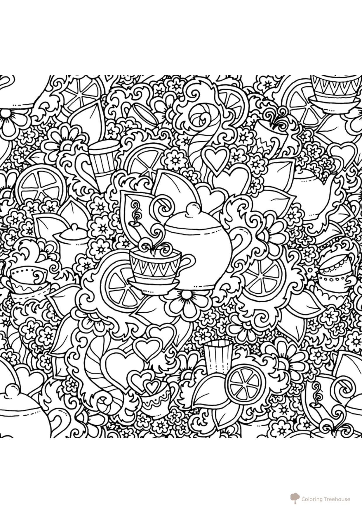 Anti-Stress Tea Party Coloring Page free printable Anti-Stress Coloring Pages coloring page