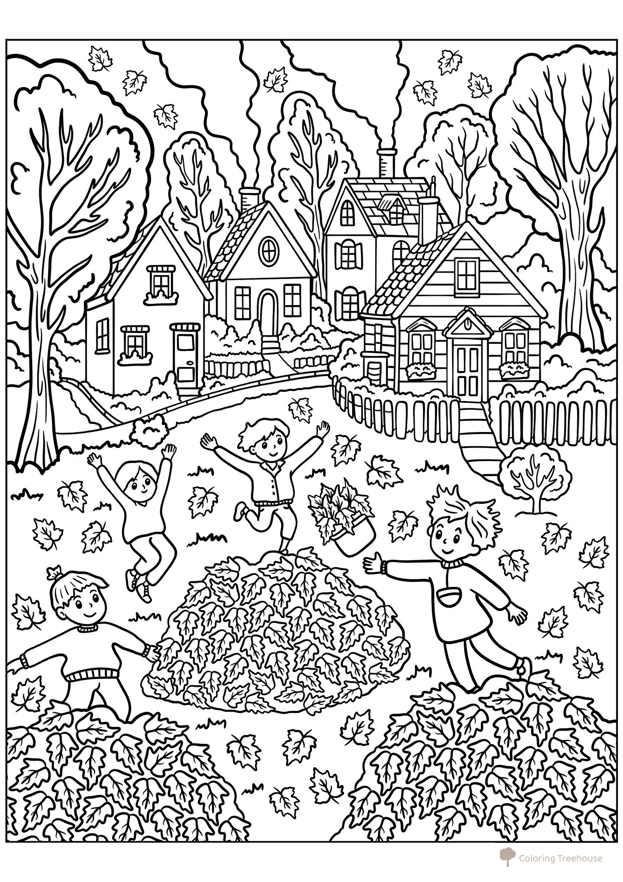 Página para colorear «Niños jugando con montones de hojas» dibujo para colorear gratis de Páginas para colorear: Otoño