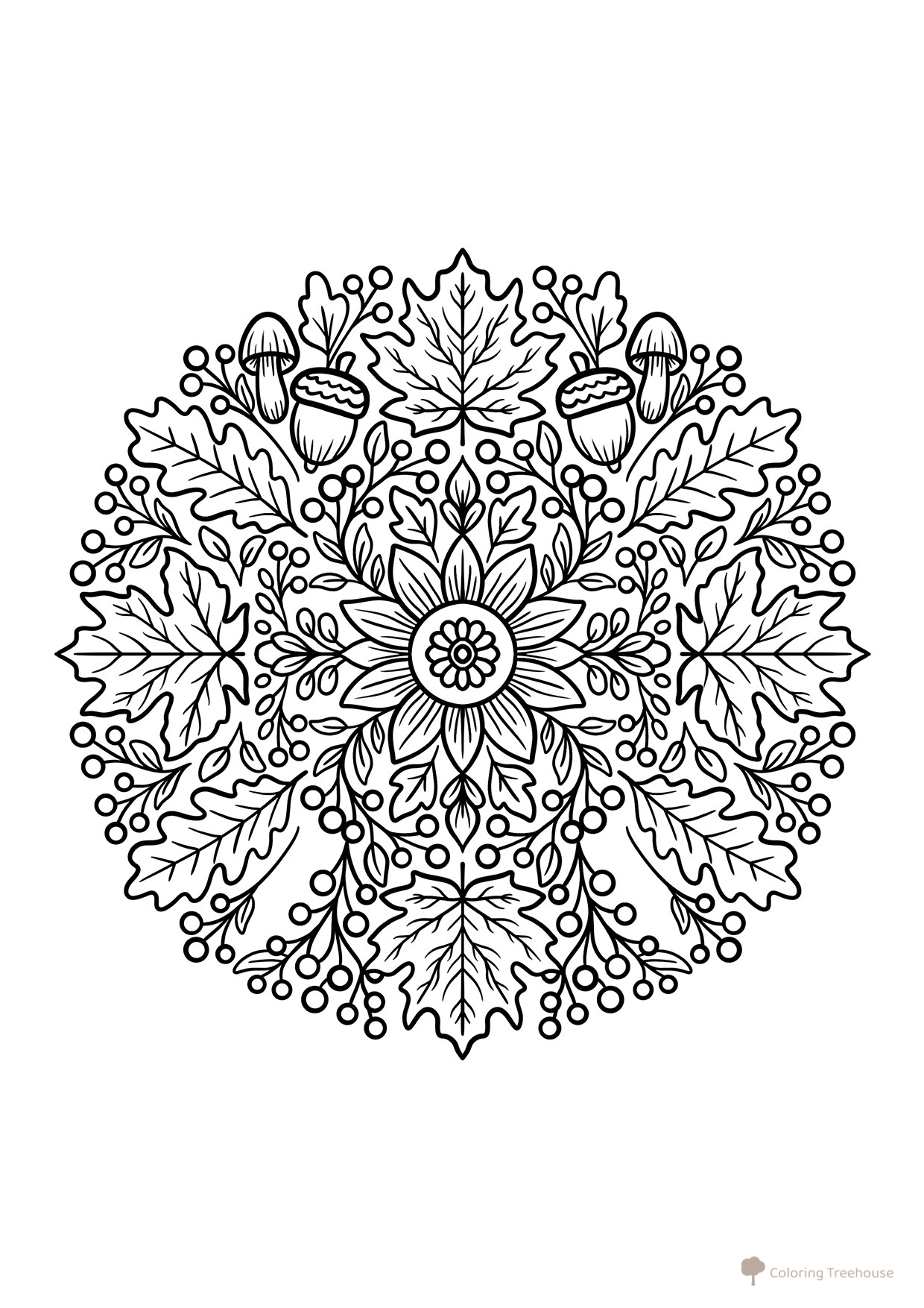 Página para colorear «Mandala de hojas y bellotas» dibujo para colorear gratis de Páginas para colorear: Otoño