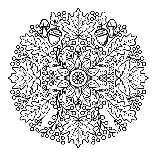Página para colorear «Mandala de hojas y bellotas» dibujo para colorear gratis de Páginas para colorear: Otoño
