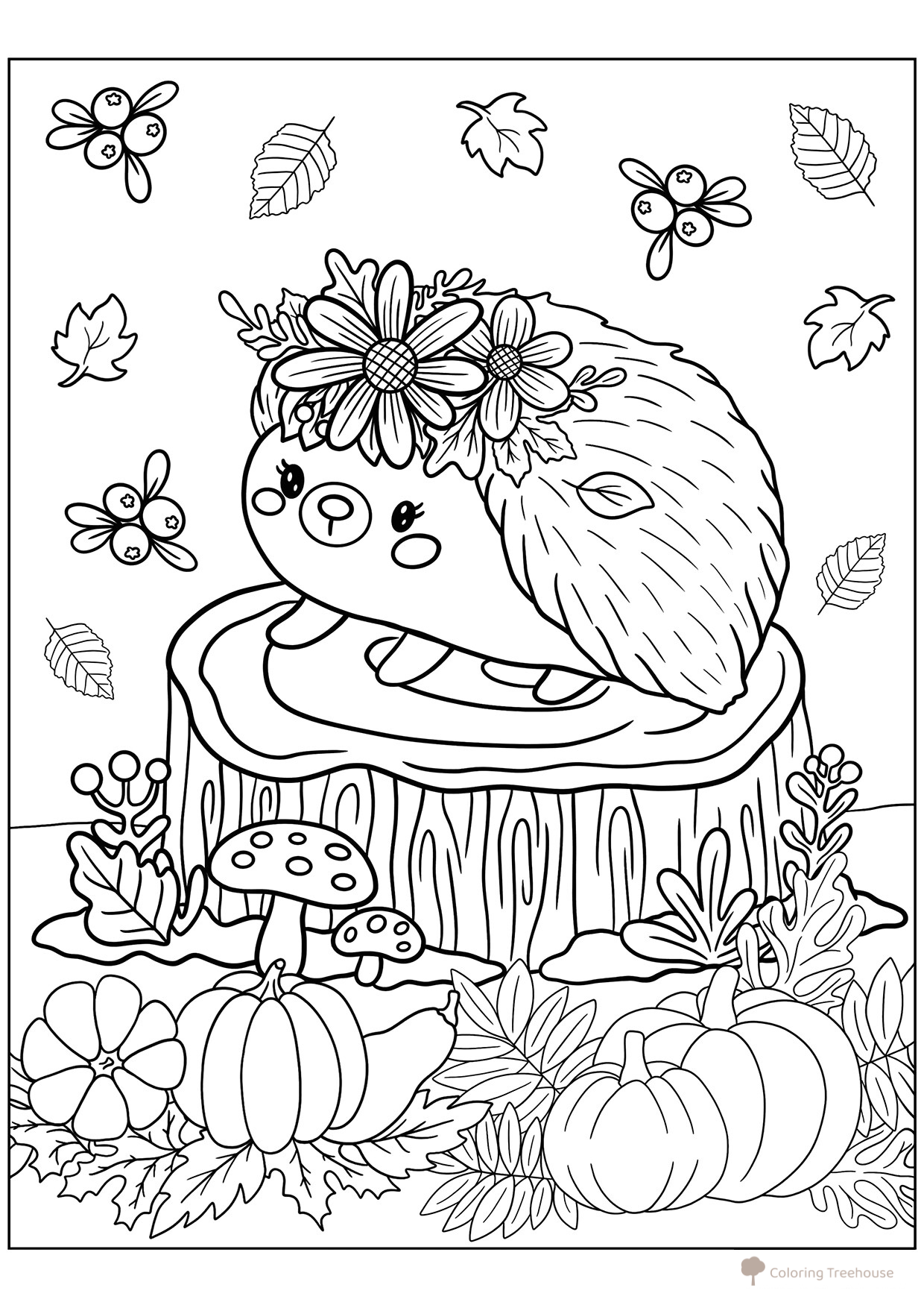 Cute Hedgehog on a Stump Coloring Page free printable Autumn Coloring Pages coloring page